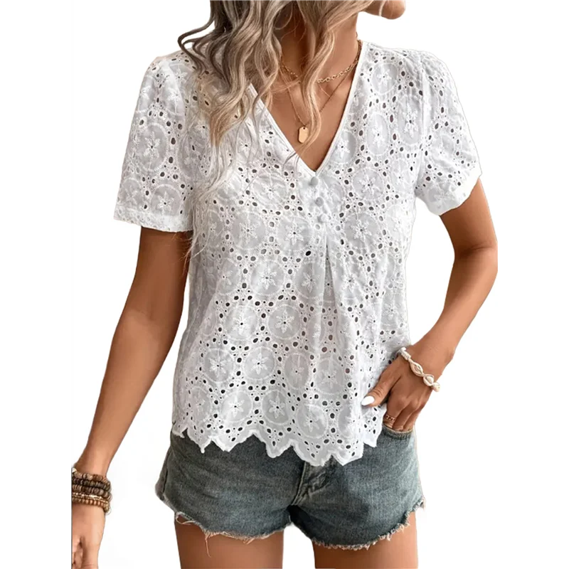 

Women's Summer Eyelet Tops 2025 Dressy Casual V Neck Flutter Sleeve Hollow Out Lace Embroidered Blouses Shirts-A55G