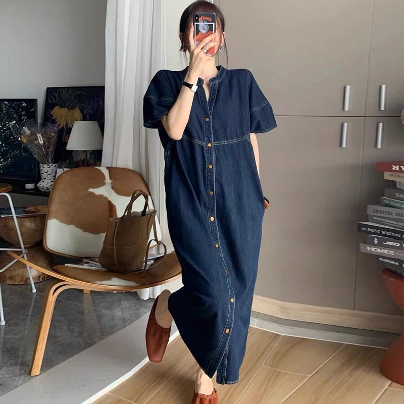 Vintage Denim Women\'s Dresses for 2024 Summer Thin Casual Jeans Dress Loose Plus Size Lady Vestidos Female Clothes Robe KE6062