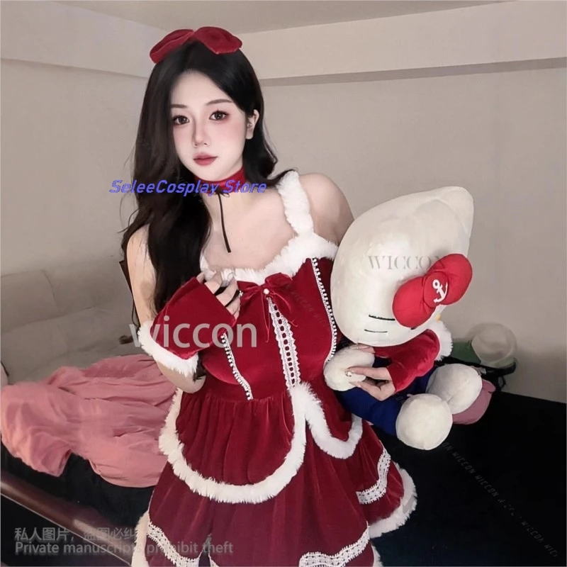 Christmas 2024 New Costume Maid Dress Sexy Red Lolita Cosplay Anime Santa Claus Cute Ladies Slim Plush Cos For Girls Customized