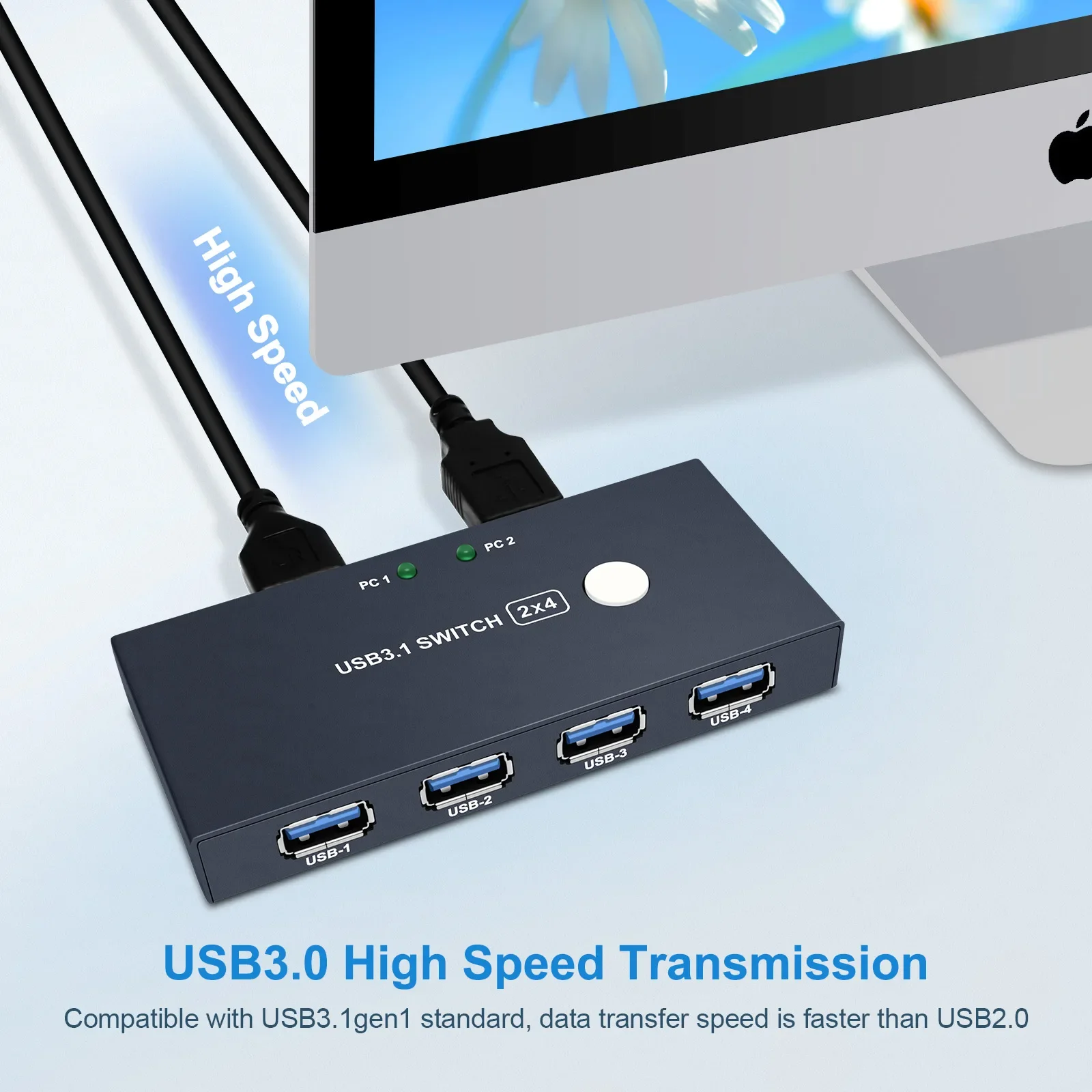 USB KVM Switch USB 2.0 Plug and Play Suitable for Windows 10 Keyboard, Mouse, PC Printer 2 PCs Shared 4 Devices USB Switch