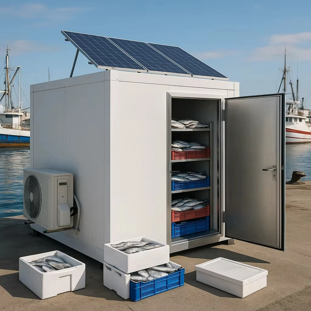 FL Solar Powered Refrigerated Container movable skid base for farm seasonal goods solar cold preservation container