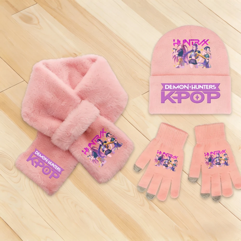 Kpop Demon Hunters 3Pcs Warm Soft Kids Girl Knit Hat Scarf Glove Set Winter Fashion Casual Accessories Perfect Christmas Gift