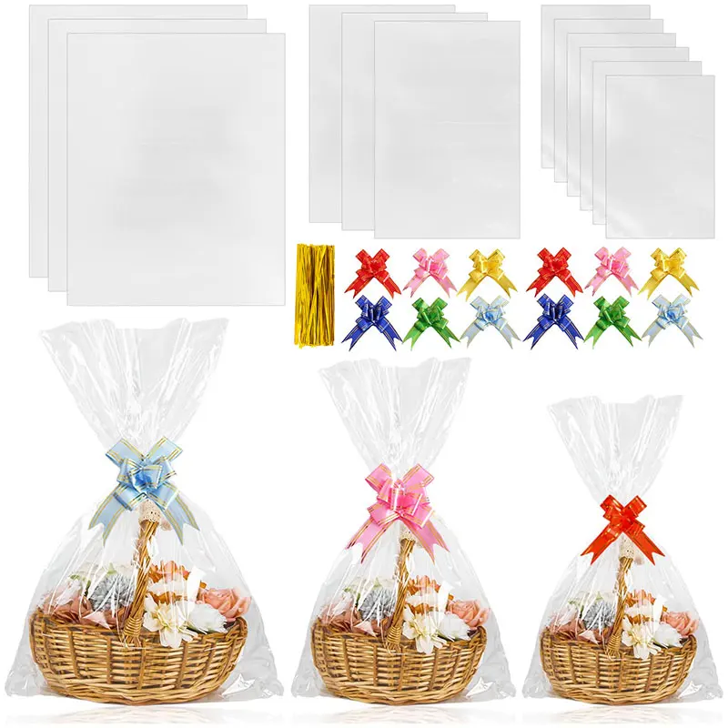 10/30 Bolsas de Celofán para Cestas de Regalo, Bolsas de Plástico Transparente Grandes con Lazos para Envolver Regalos