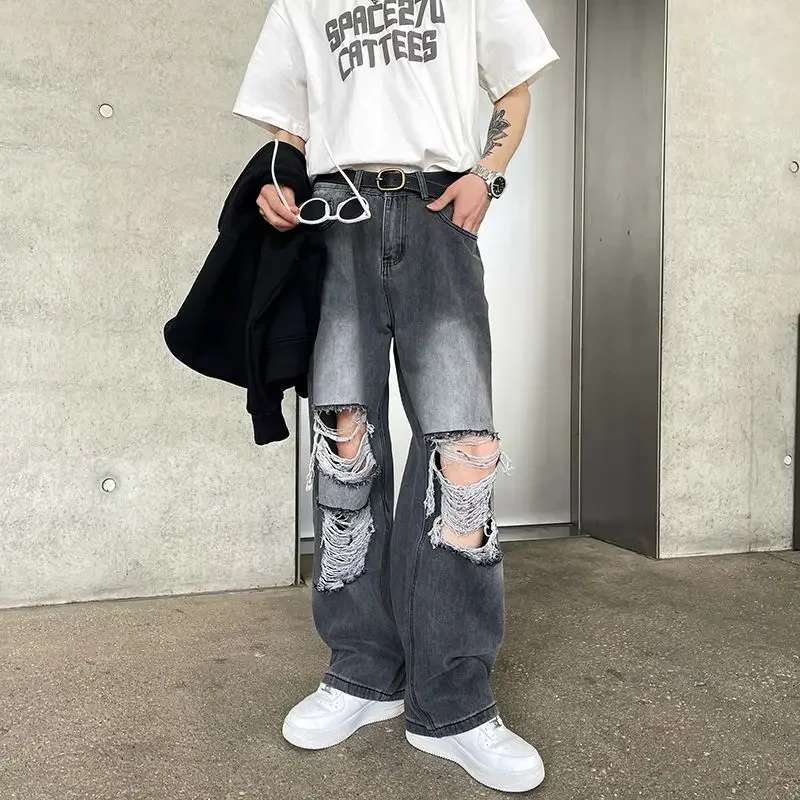 

PantsBrand Wide Leg Boyfriend Jeans Vintage Washed Ripped Denim Trousers High Street Make Old Male Hole Fashion Long Pants