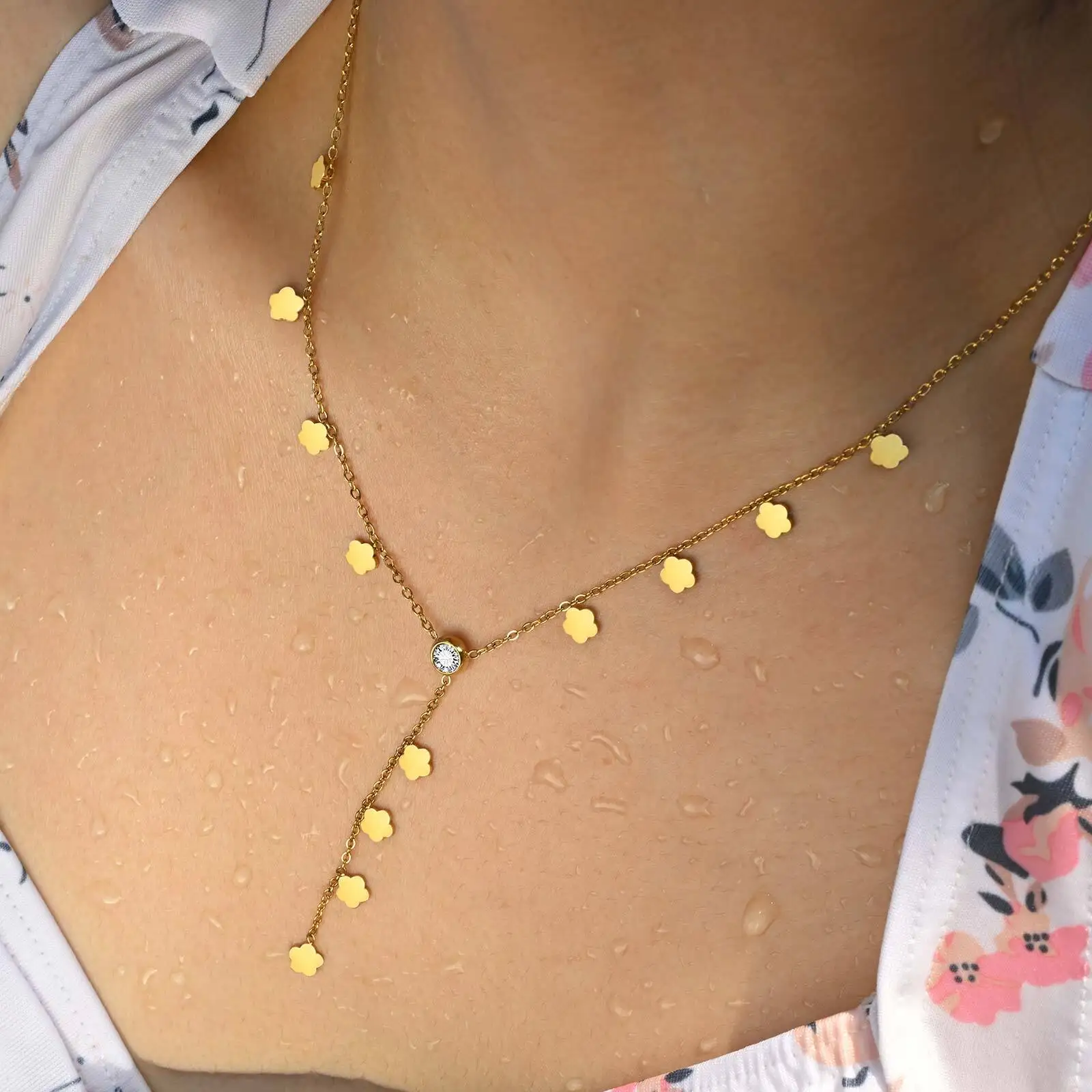 

Flower Drop Necklace For Women, Stainless Steel Y Shape Layered Floral Necklaces Fashion Jewelry