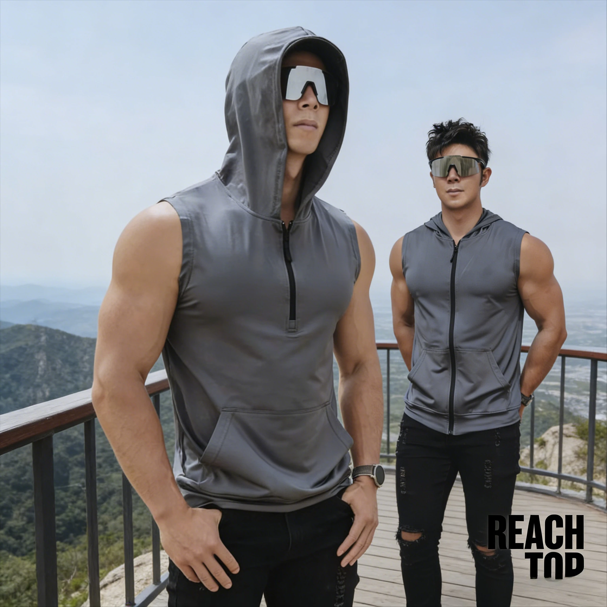 

Мужская майка-жилет из ледяного шелка с капюшоном на молнии до середины груди, быстросохнущая, облегающая, подчеркивающая мускулатуру, без рукавов, для бега, фитнеса и тренировок