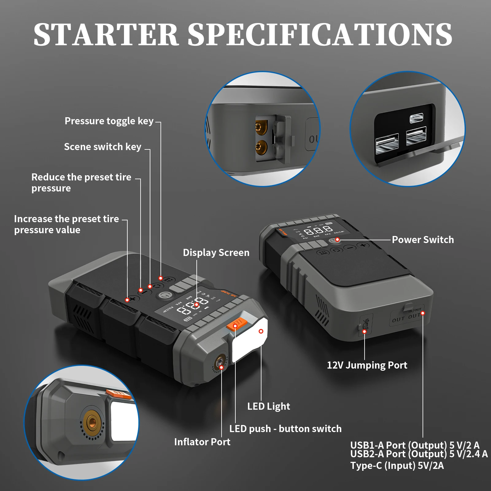 High Capacity Multi-Function Car Jump Starter Power Bank Featuring 12V Charging And Integrated High-Power Air Pump