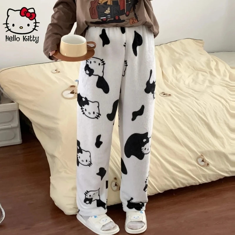 Sanrio-Pijama de felpa suave de Hello Kitty para mujer, ropa de dormir con dibujos animados de franela, pantalones largos con estampado de Anime