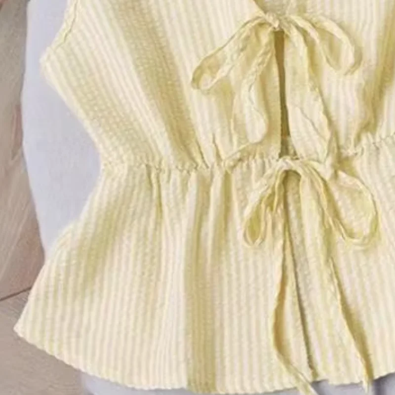 Women's Striped 2 Piece Outfits Tie Front Ruffle Tank Top Loose Fit Women Suit Summer Casual Sleeveless Lounge Sets
