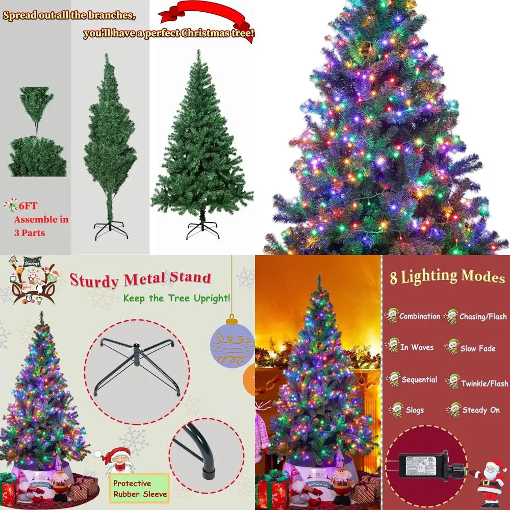 

Искусственная рождественская елка Deluxe на 6 футов с 400 светодиодными многоцветными огнями, 8 режимами, красная подставка, 1000 советов, многоцветное украшение