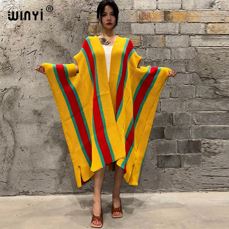 WINYI Women Knitting stripe elegant coat Catwalk Capes Autumn 2023 Female Fashion kimono Cloak winter clothes women cover-ups