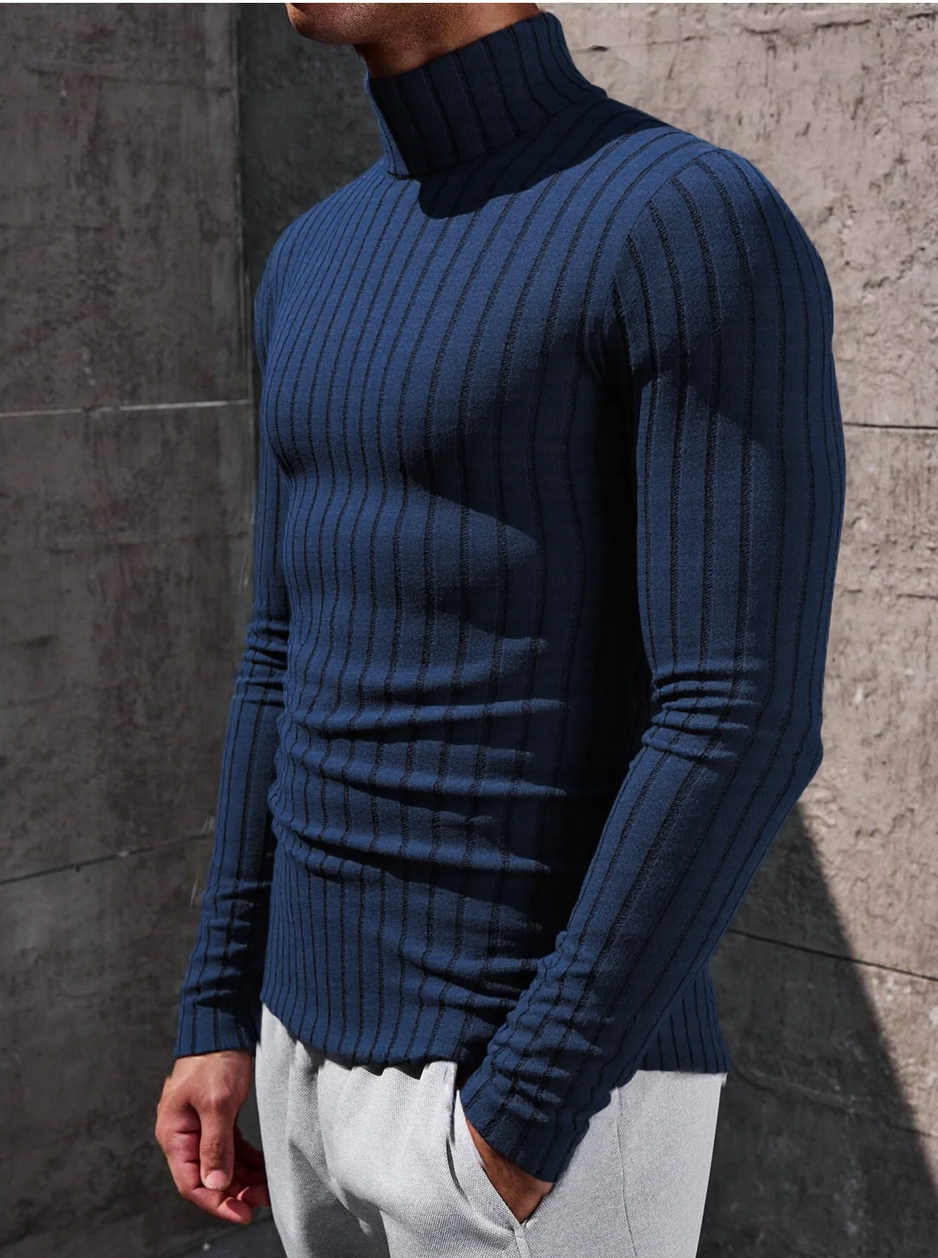Herren Rollkragenpullover mit Langen Ärmeln, Vertikal Gestreift, Schlanke Passform, Gerippter Strickpullover, Lässiger Stretch-Unterzieher – Detail 3