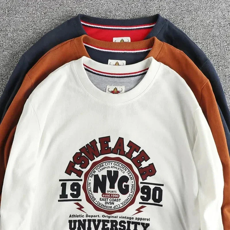 

Autumn new American retro trend letter pattern long sleeve T-shirt men's cotton casual base shirt