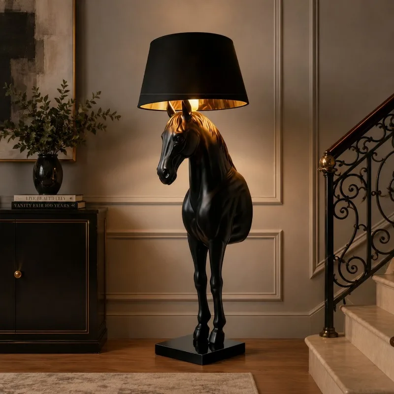 Light luxury horse head sculpture, artistic floor lamp ornament next to the decorative sofa in the indoor entrance