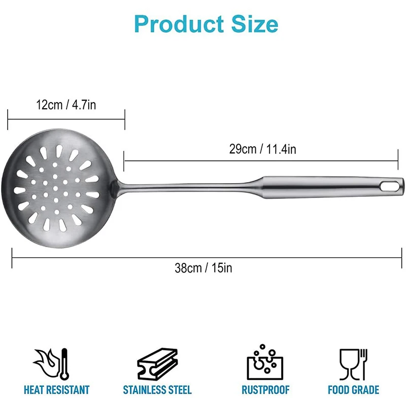 15-Inch Stainless Steel Skimmer Strainer Ladle, Slotted Spoon for Kitchen Cooking, Draining & Frying