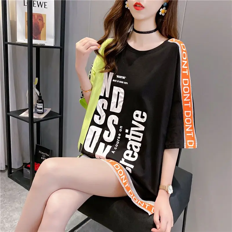 2024 Summer Korean Version Medium Length Round Neck Irregular Color Blocking Fashion Letter Print Loose Casual Oversize T-shirt