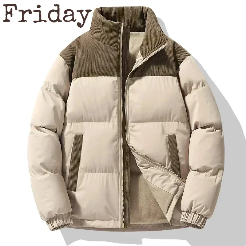 Manteau en duvet de sport à col montant décontracté pour hommes, veste en velours côtelé patchwork, parkas simples pour documents, chaud, hiver, 2024