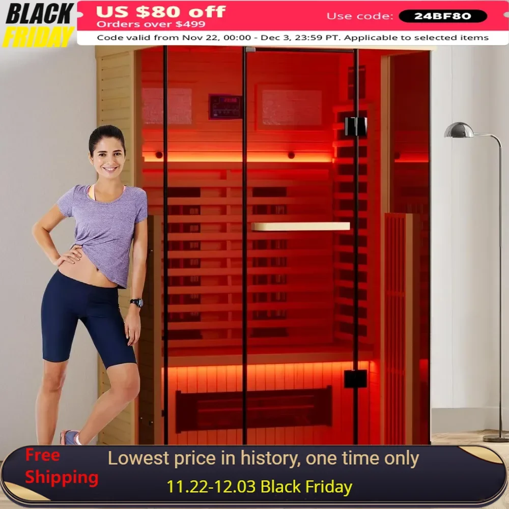 

1-2 Person Home Saunas, Wooden Canadian Hemlock Indoor Spa Sauna with Resonance Speaker, Panoramic Tempered Glass Door