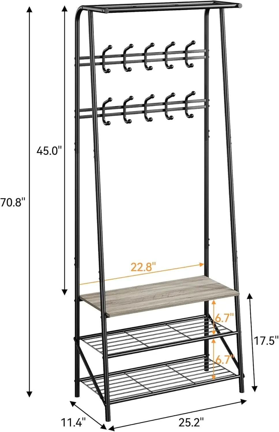 

Многофункциональная вешалка-скамья 4-в-1 для прихожей: 5 крючков, 4-уровневая полка для хранения, металлический каркас с отделкой под дерево