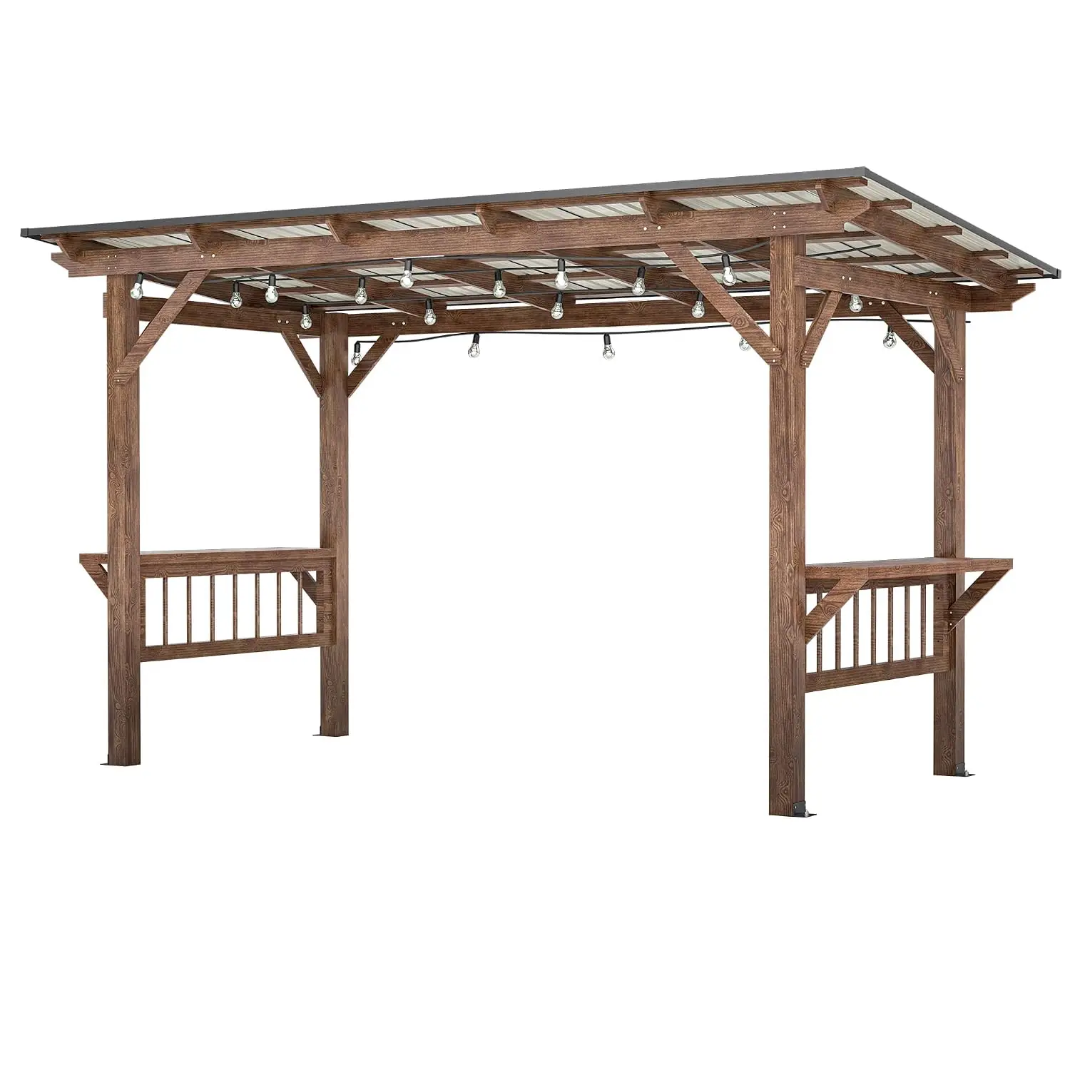 13x6.5FT Wooden Pergola w/Metal Roof Bar & Bulbs, Customized
