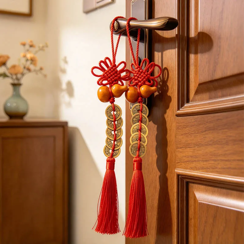 Wooden Gourd Pure Copper Five Emperor Money Pendant Chinese Knot Tassel Auspicious Knot Home Hanging Ornament Feng Shui Fortune