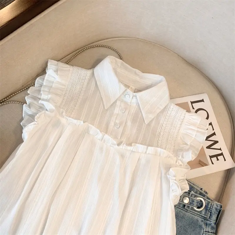 2024 Spring/Summer Women's French White Shirt Gentle Lapel Sleeveless Ruffle Edge Flying Sleeves Chiffon Top