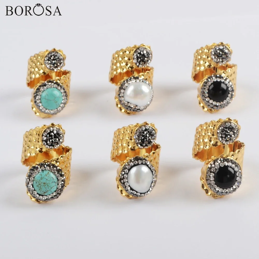 BOROSA 5Pcs New Golden Color Double Round Rhinestone Paved Pearl Blue Howlite Turquoises Black Agates Band Ring Jewelry Gifts