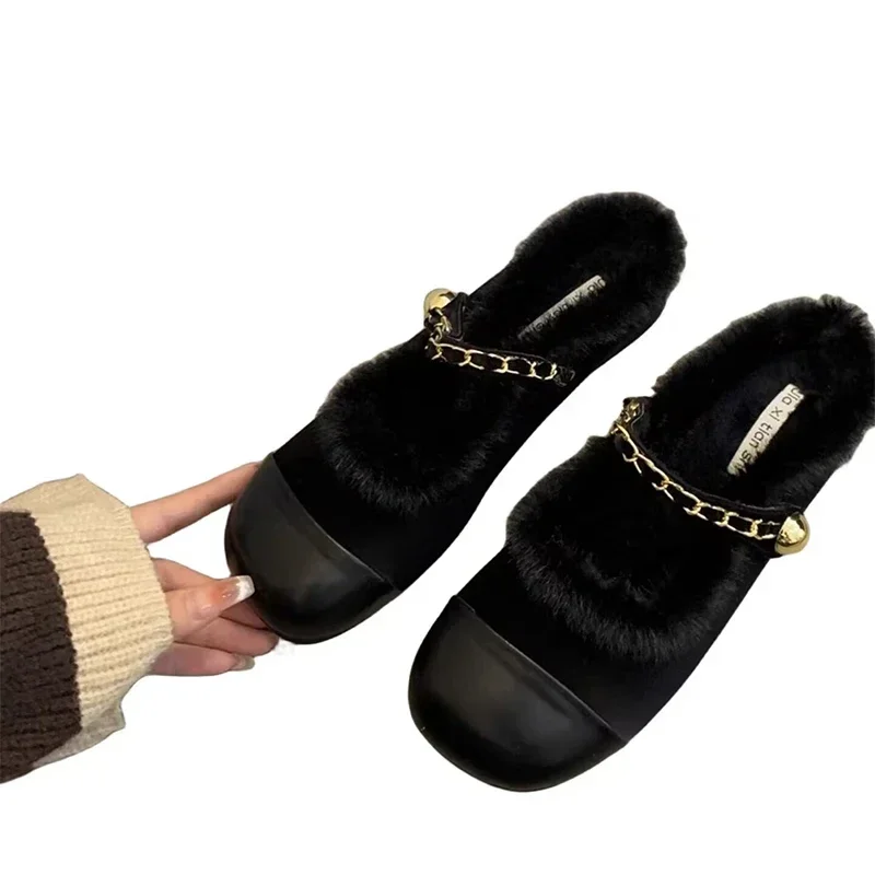 Brand Fur Slippers Women Flats Mules Shoes New Winter Warm Casual Cotton Shoes Woman 2024 Trend Short Plush Flip Flops Zapatos