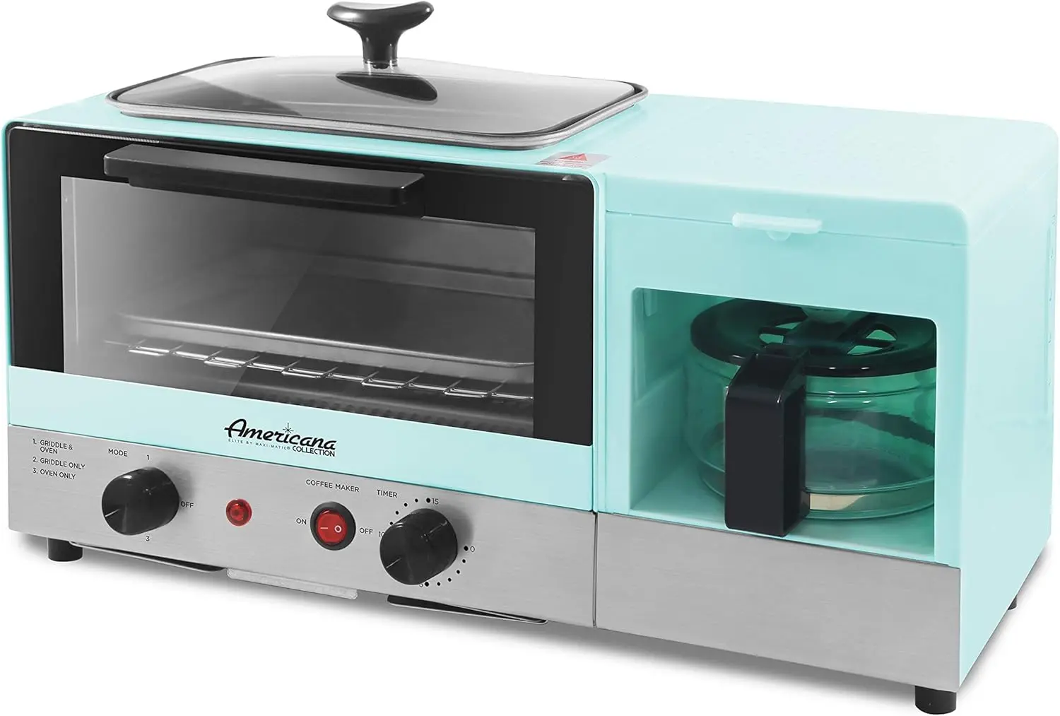 2-Slice Toaster Oven with 9.5-Inch Griddle & Glass Lid, 3-in-1 Breakfast Center Station, Built-In 4-Cup Coffeemaker, 15-Minute T