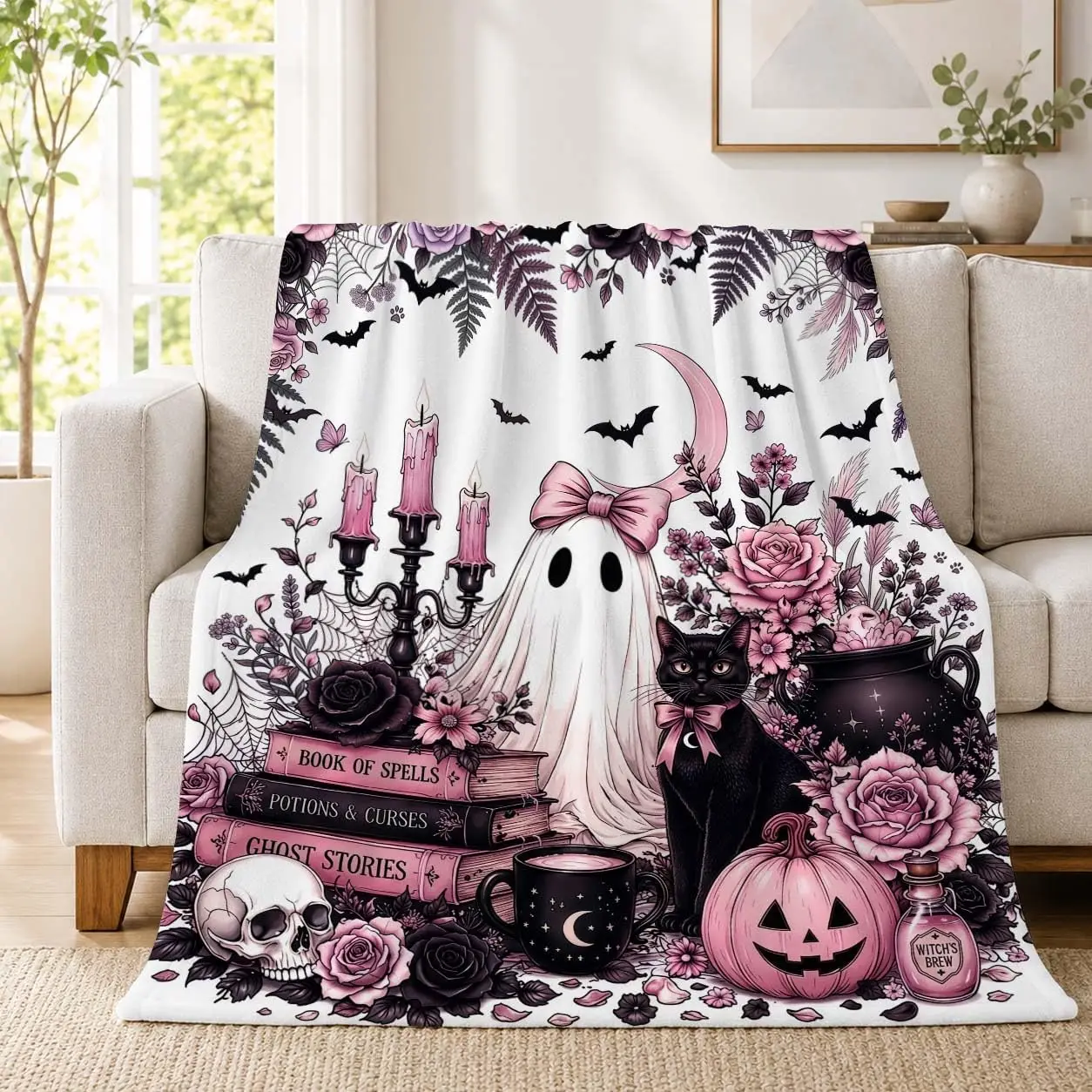 Pink Halloween Ghost Flannel Blanket Cat Pumpkin, 50 x 60 inch |   Soft flannel blanket with pink ghost black cat and pumpkin design for sofa reading and travel as a fall present for women