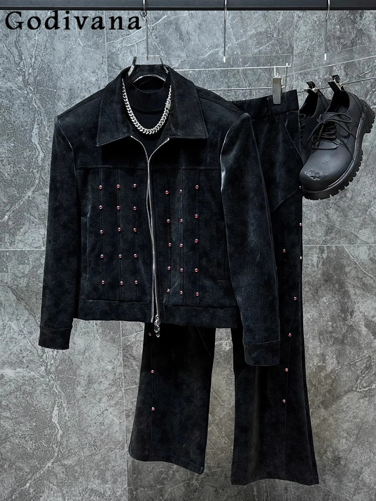 

2025 Autumn Winter Chic Fashion PU Leather Long Sleeve Jacket Fashion Men's Korean Gemstone Loose Versatile Handsome Trousers