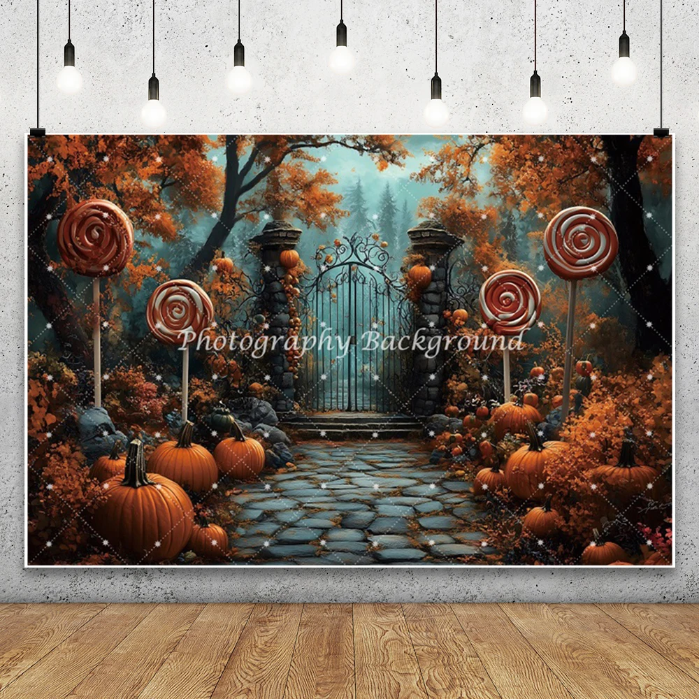 ハロウィン写真撮影背景 怖い鉄の門アーチ 黄色の葉 カボチャ ロリポップ 大人 子供 ハロウィンパーティー写真背景