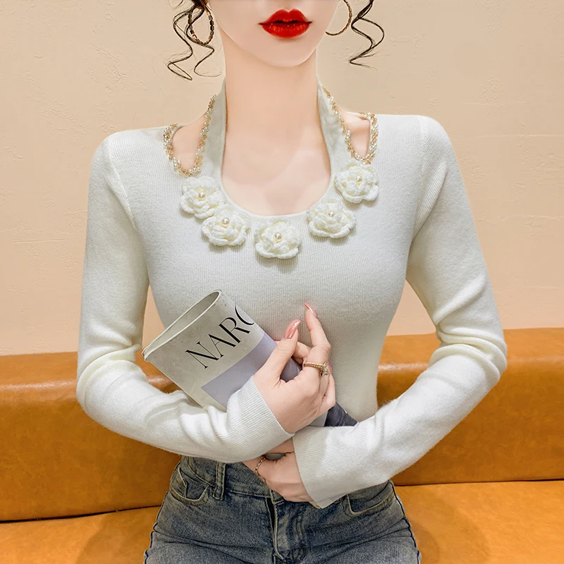 Maglione lavorato a maglia francese Sle Long Sve da donna Ne Hanging Diamond Slim Fit Base irt Autunno Inverno Nuovo arrivo Body ap...