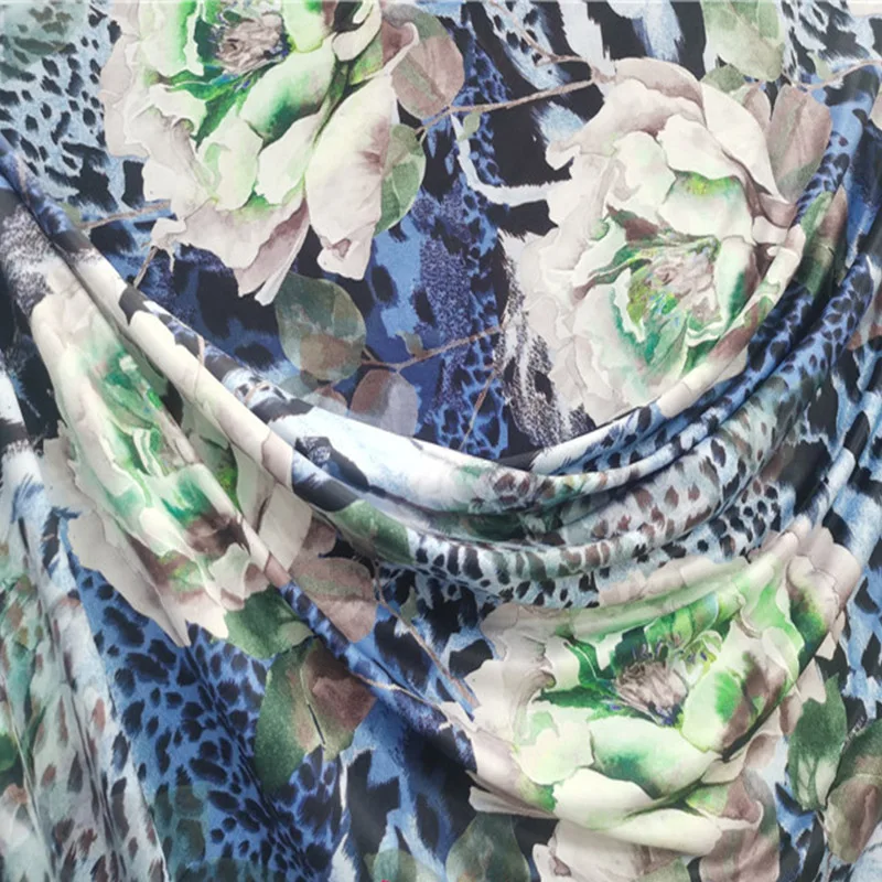 Buono, elastico a 4 vie, tessuto a maglia di seta del latte, tessuto di stampa leopardo bianco verde peonia/blu, fai da te, cucito