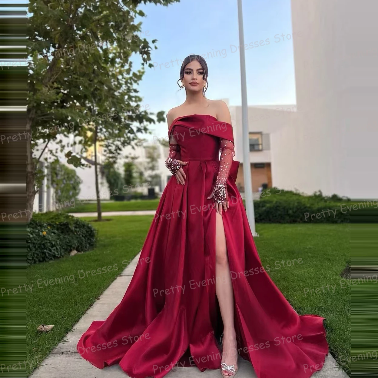 Simple Red Evening Dresses Woman's Sexy A Line Prom Growns Side Split Bow Backless Formal Fashion Vestidos De Noche Customized