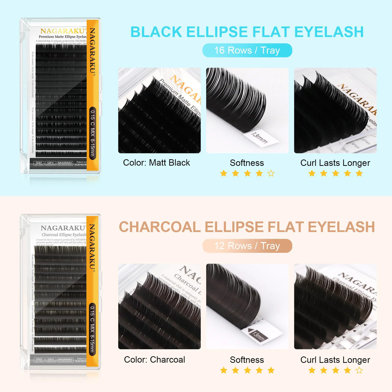 NAGARAKU Flat Ellipse Eyelash Split Tips Matte Gray Black Color Super Soft Gentle Natural Eyelash Extension Flat Shape Lashes