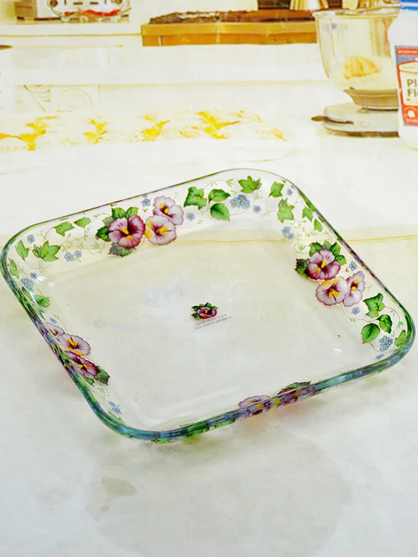 

Korean Style Floral Glass Thickened Soup Plate Square Heat Resistant Daily Dining Fruit Tray Home Use Dishwasher Not Safe