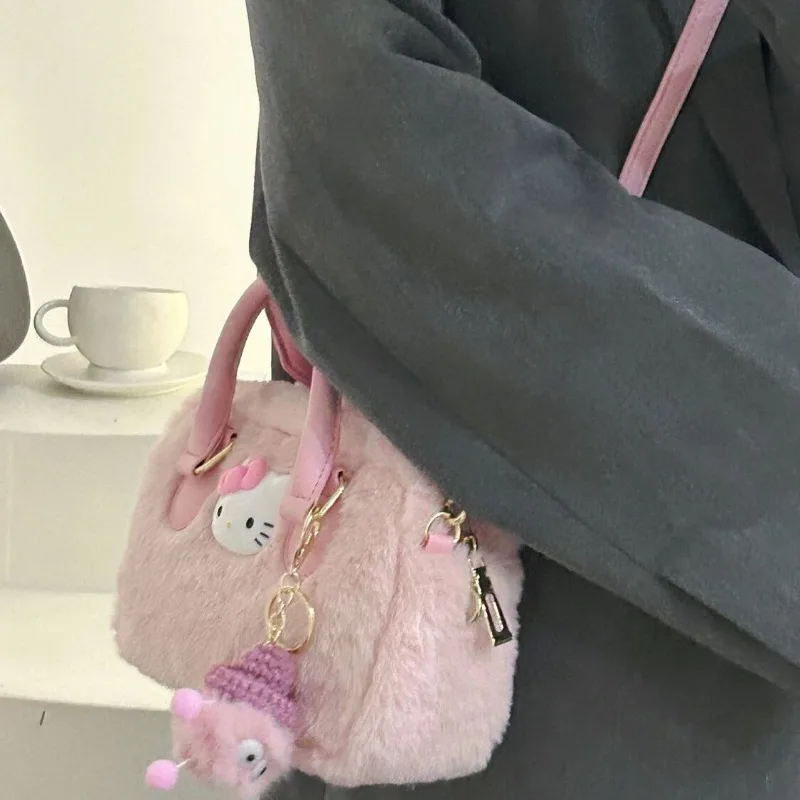 MBTI Pink Hello Kitty Womens Handbag Plush Elegant Cute Fluffy Korean Fashion Shoulder Bag Youth Ladies Designer Crossbody Bag