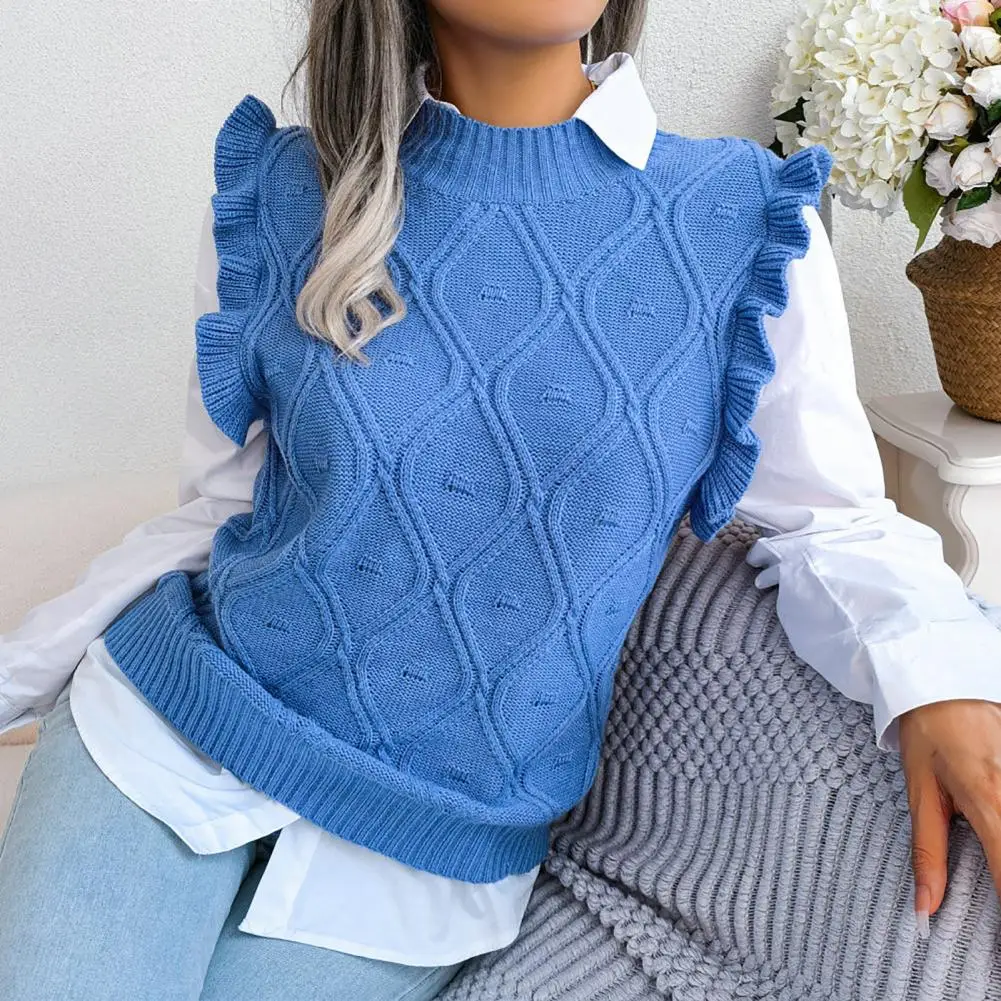 Women Autumn Winter Warm Sleeveless Knitted Sweaters O-Neck Solid Color Rhombus Pattern Ruffle Cuffs Sweater Vest Female Tops