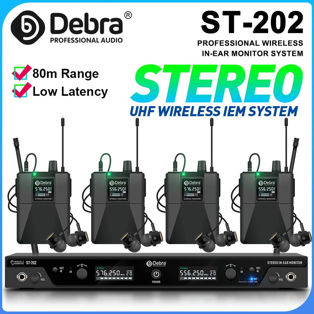 

Профессиональная беспроводная система мониторинга в ушах Debra ST-202, UHF стерео, диапазон 560-590 МГц, для студии, сцены, выступлений, группы