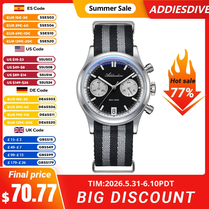 

ADDIESDIVE HOT AD2095 Quartz Watches Vintage Chronograph VK64 Movement Men's Watch 100M Waterproof Luminous Luxury Wristwatch