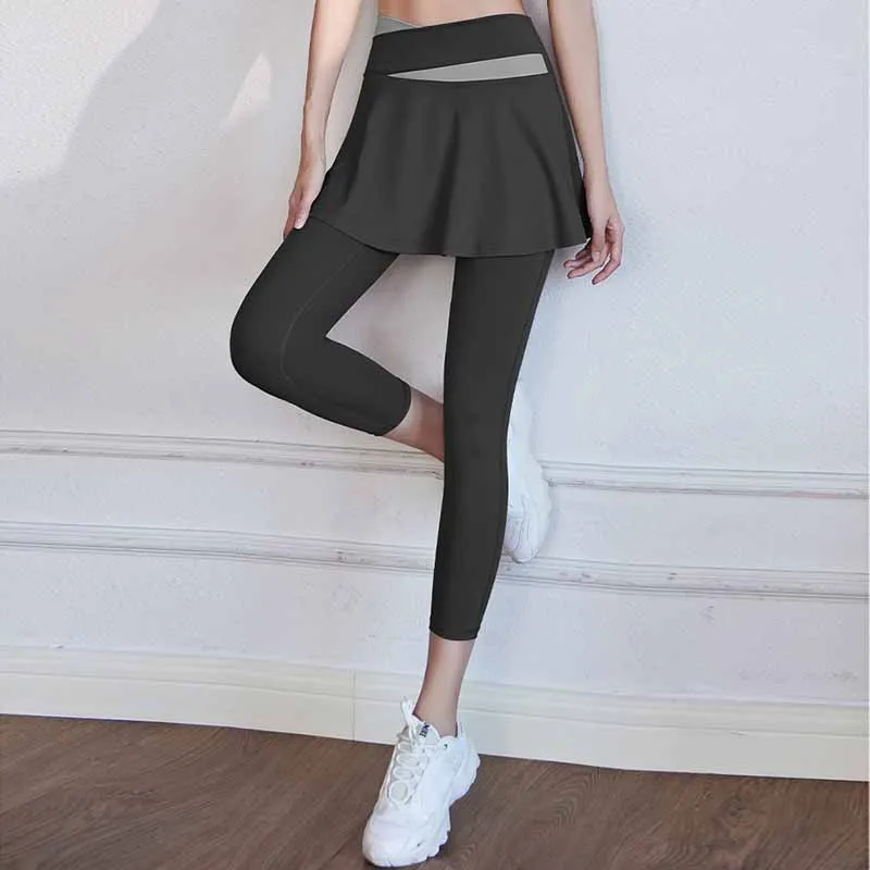 Fitness Yoga Pants With Skirt Women Fake Two Pieces Sports Leggings Gym Push Up Patchwork Crossover High Waist Tight Pants 2024