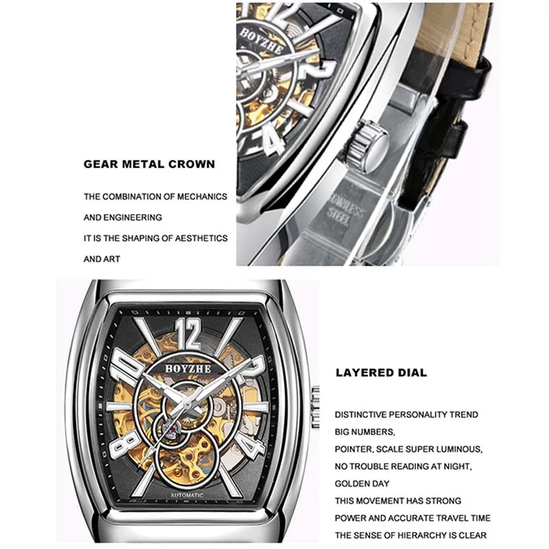 BOYZHE Men Business Watch Automatic Mechanical Wrist Watch Seagull Movement Strong Luminous Hands Waterproof Watches for Men