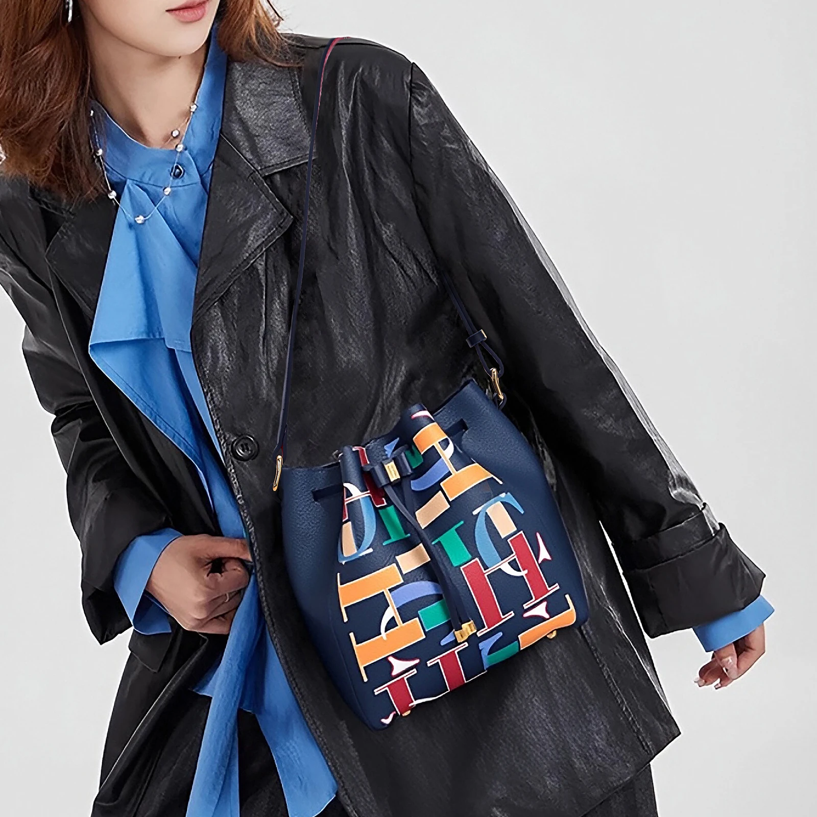 Women's Bucket Bag Brand Printed Wallet with Drawstring Bag and Shoulder Handbag