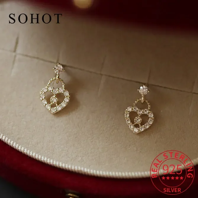 

Classic Real 925 Sterling Silver Zircon Heart Pendant Stud Earrings For Fashion Women Party Cute Fine Jewelry Drop Shipping