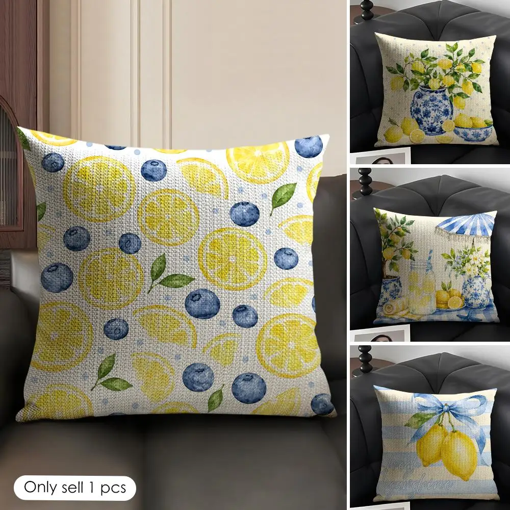 Summer Lemon Blue Cushion Cover Natural Linen Organic Fabric Double-Sided Printing Breathable Perfect Gift For Decor