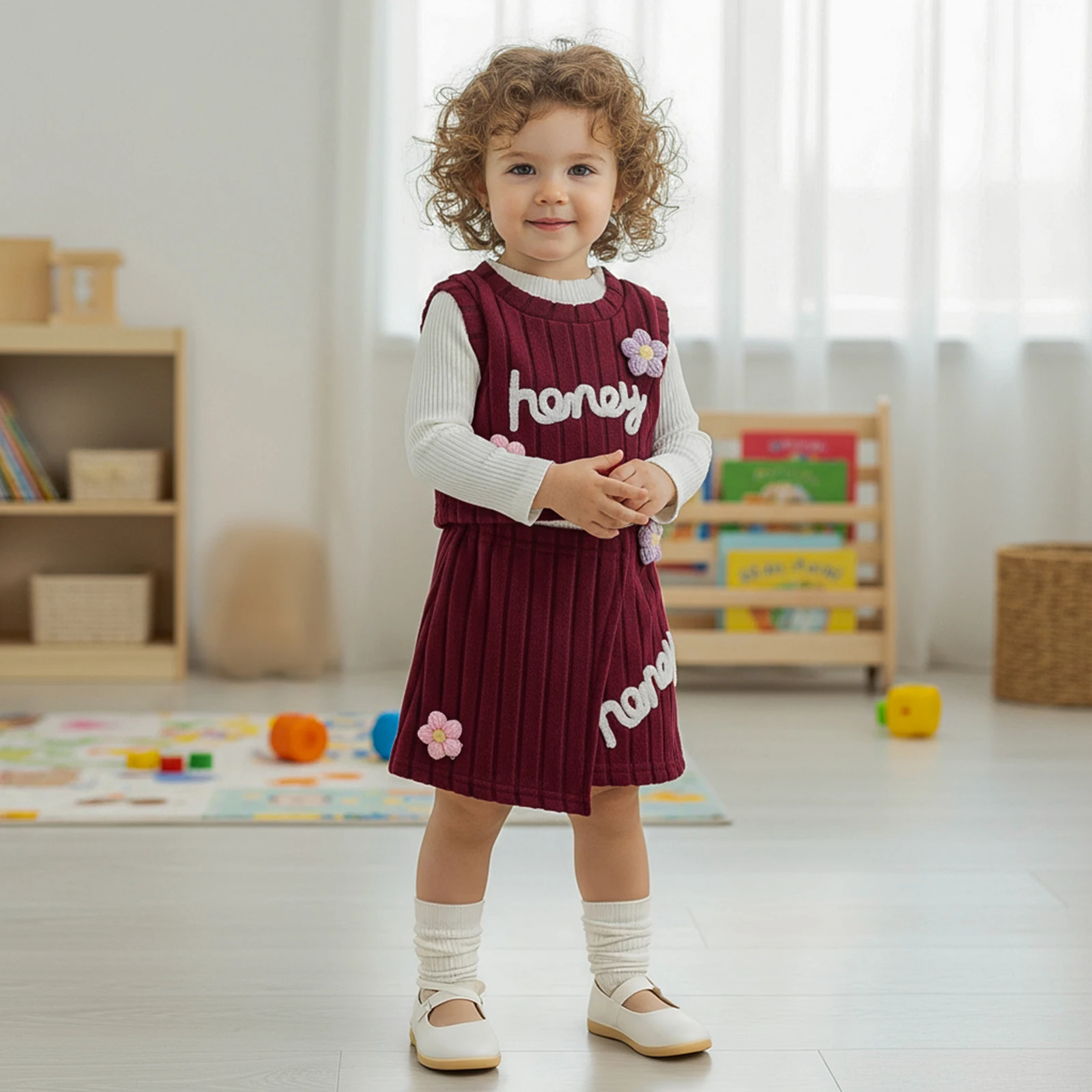 

Suefunskry Baby Girls Fall 3Pcs Outfit Long Sleeve O-Neck Solid Color Tops Letter Flower Embroidery Vest Elastic Waist Skirt Set