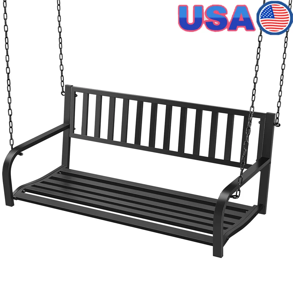 

Hanging Iron Porch Swing Outdoor Relaxation with Chains Ergonomic Design Durable Seating Two Easy Assembly and Cleaning