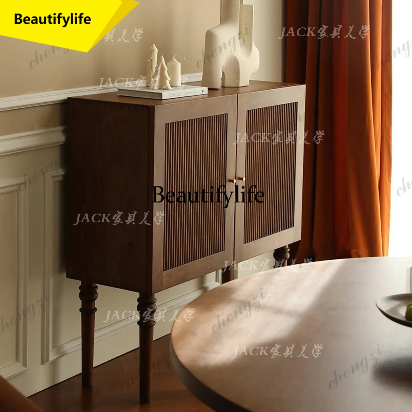 A17 French retro solid wood high-footed dining side cabinet American medieval entrance entrance, storage cabinet