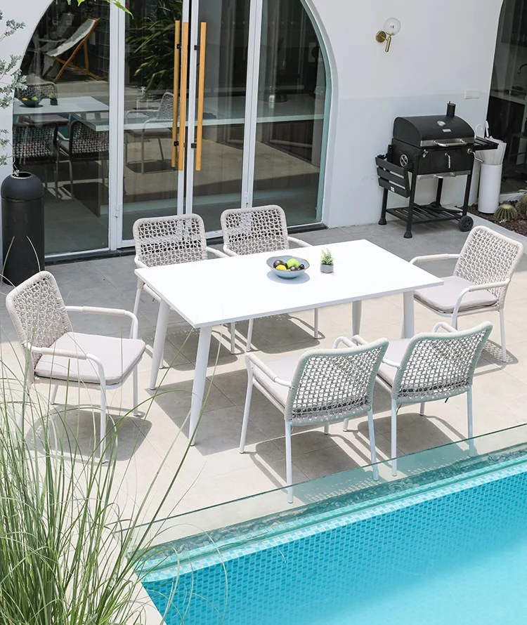 Modern outdoor tables and chairs simple white balcony casual rope chairs all-aluminum long outdoor courtyard rattan